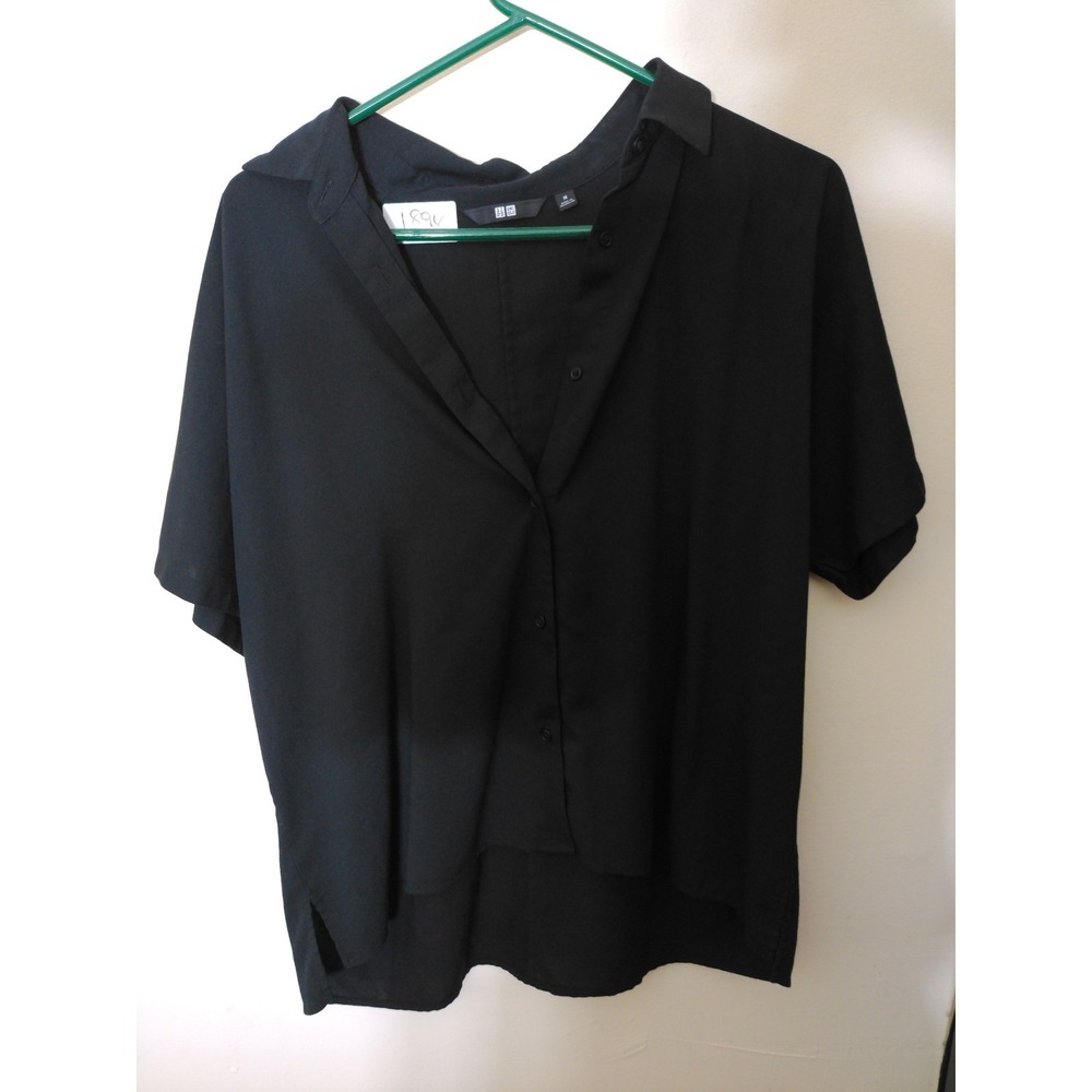 Uniqlo Button Down Blouse Womens Medium Black Oversized Short Sleeve Civic 1896